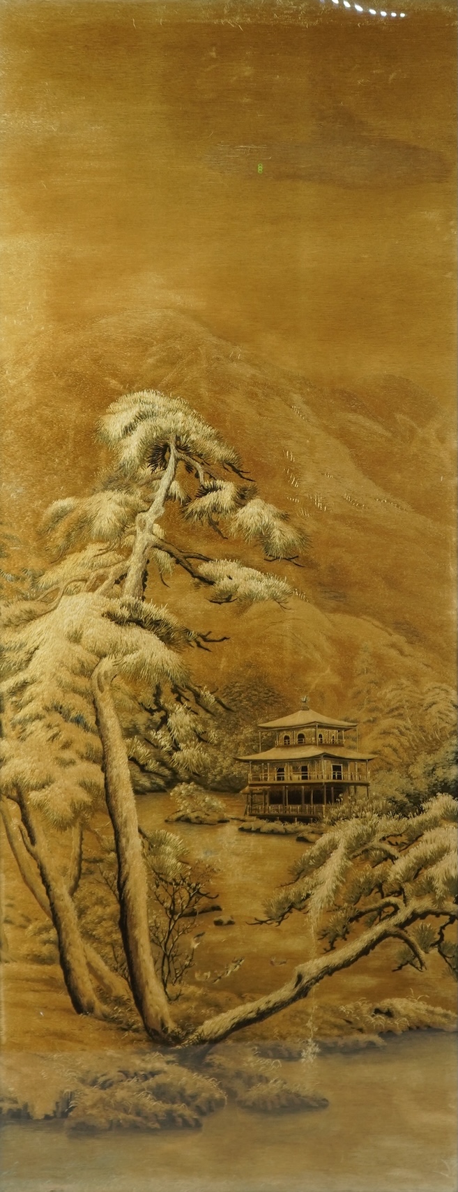 A Japanese embroidered silk picture of Kinkaku-ji, 'Temple of the Golden Pavilion' in Kyoto, Meiji period (1868-1912)